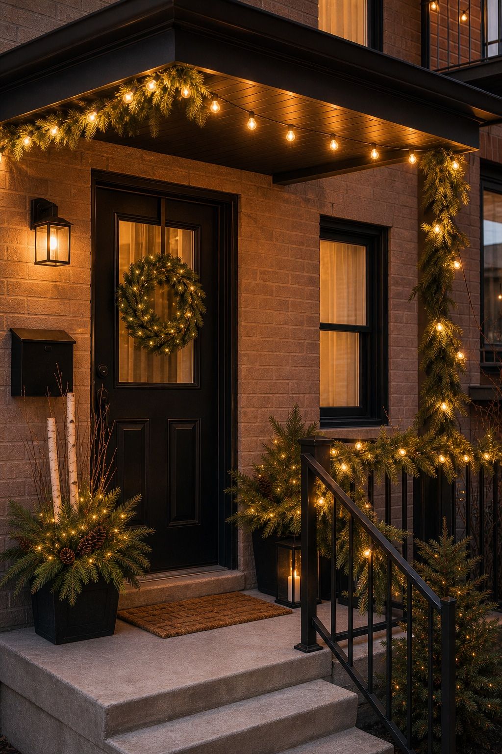 Light the Porch With Warm String Lights small apartment idea for Top 18 Front Porch Christmas Decor Ideas for Apartments and Small Outdoor Spaces.