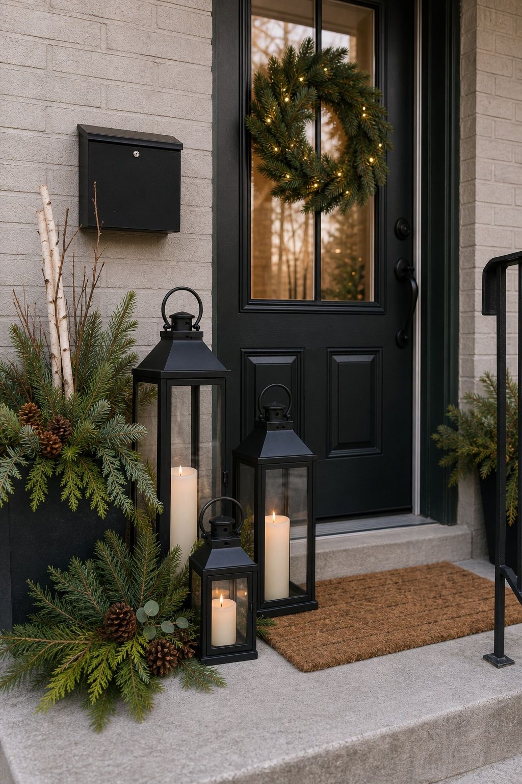 Cluster Lanterns by the Door small apartment idea for Top 18 Front Porch Christmas Decor Ideas for Apartments and Small Outdoor Spaces.