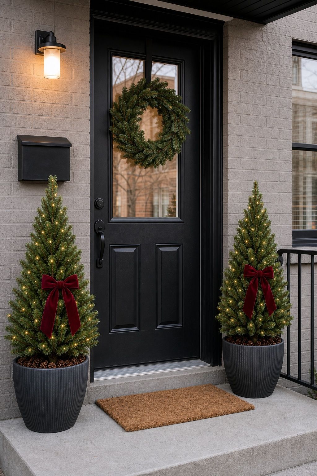 Flank the Door With Potted Evergreens small apartment idea for Top 18 Front Porch Christmas Decor Ideas for Apartments and Small Outdoor Spaces.