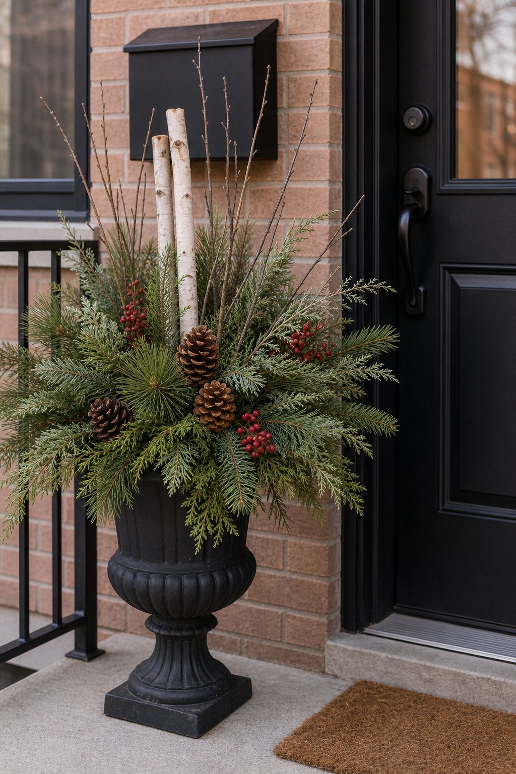 Fill an Urn With Winter Greenery small apartment idea for Top 18 Front Porch Christmas Decor Ideas for Apartments and Small Outdoor Spaces.