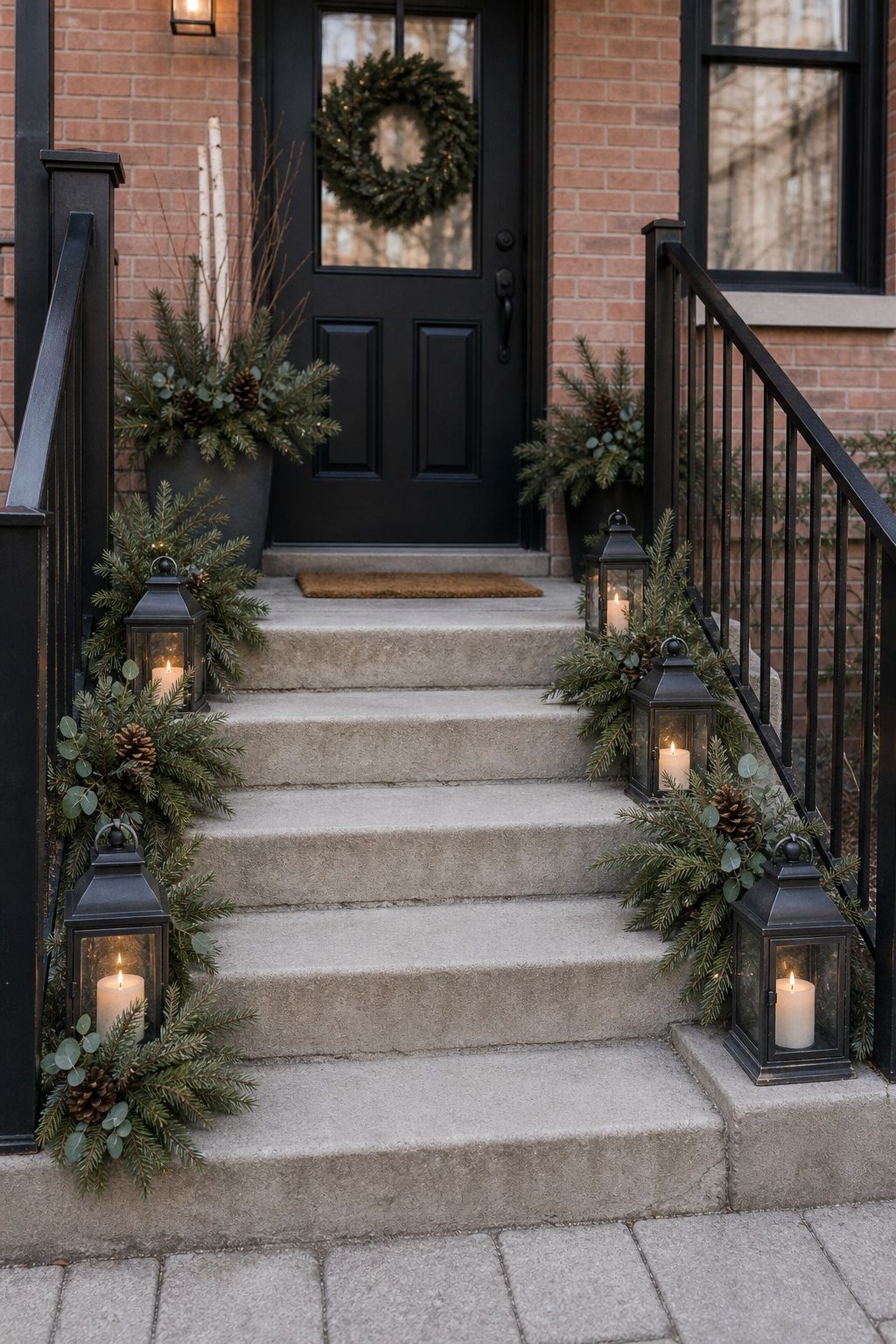 Line the Steps With Greenery or Lanterns small apartment idea for Top 18 Front Porch Christmas Decor Ideas for Apartments and Small Outdoor Spaces.