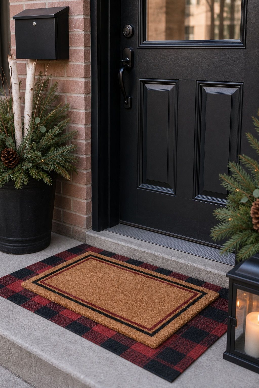 Add a Layered Christmas Doormat small apartment idea for Top 18 Front Porch Christmas Decor Ideas for Apartments and Small Outdoor Spaces.