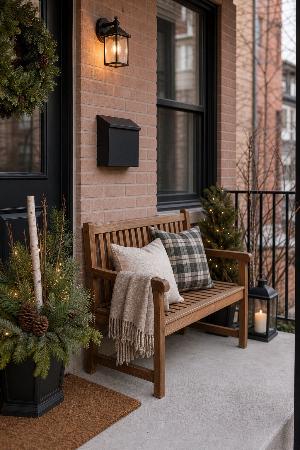 Pull a Chair or Bench Onto the Porch small apartment idea for Top 18 Front Porch Christmas Decor Ideas for Apartments and Small Outdoor Spaces.