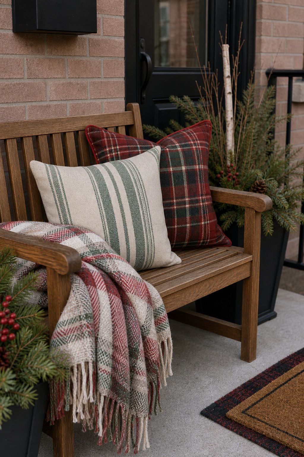 Add Outdoor Christmas Pillows and a Throw small apartment idea for Top 18 Front Porch Christmas Decor Ideas for Apartments and Small Outdoor Spaces.