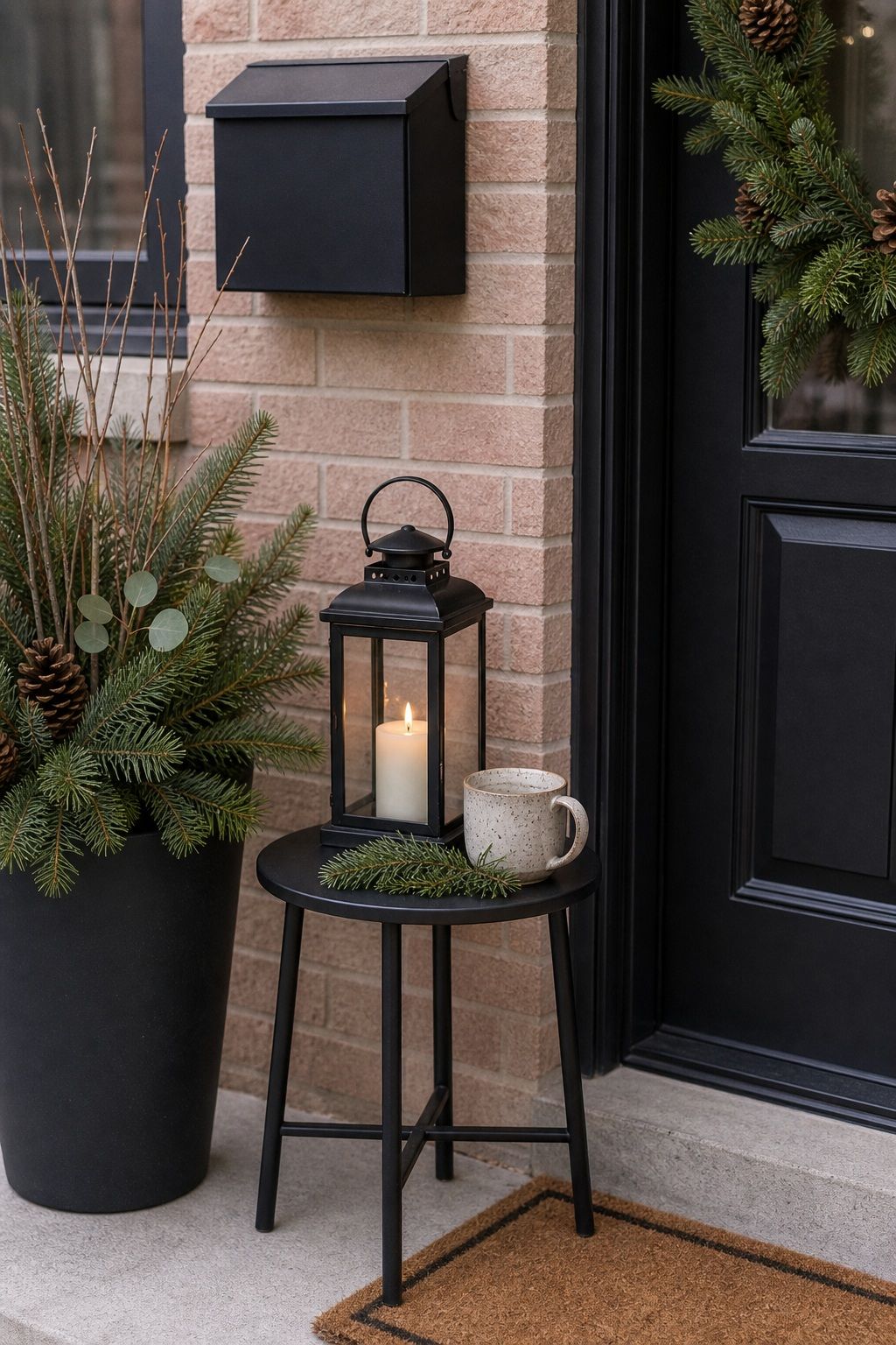 Set Out a Small Surface and a Lantern small apartment idea for Top 18 Front Porch Christmas Decor Ideas for Apartments and Small Outdoor Spaces.