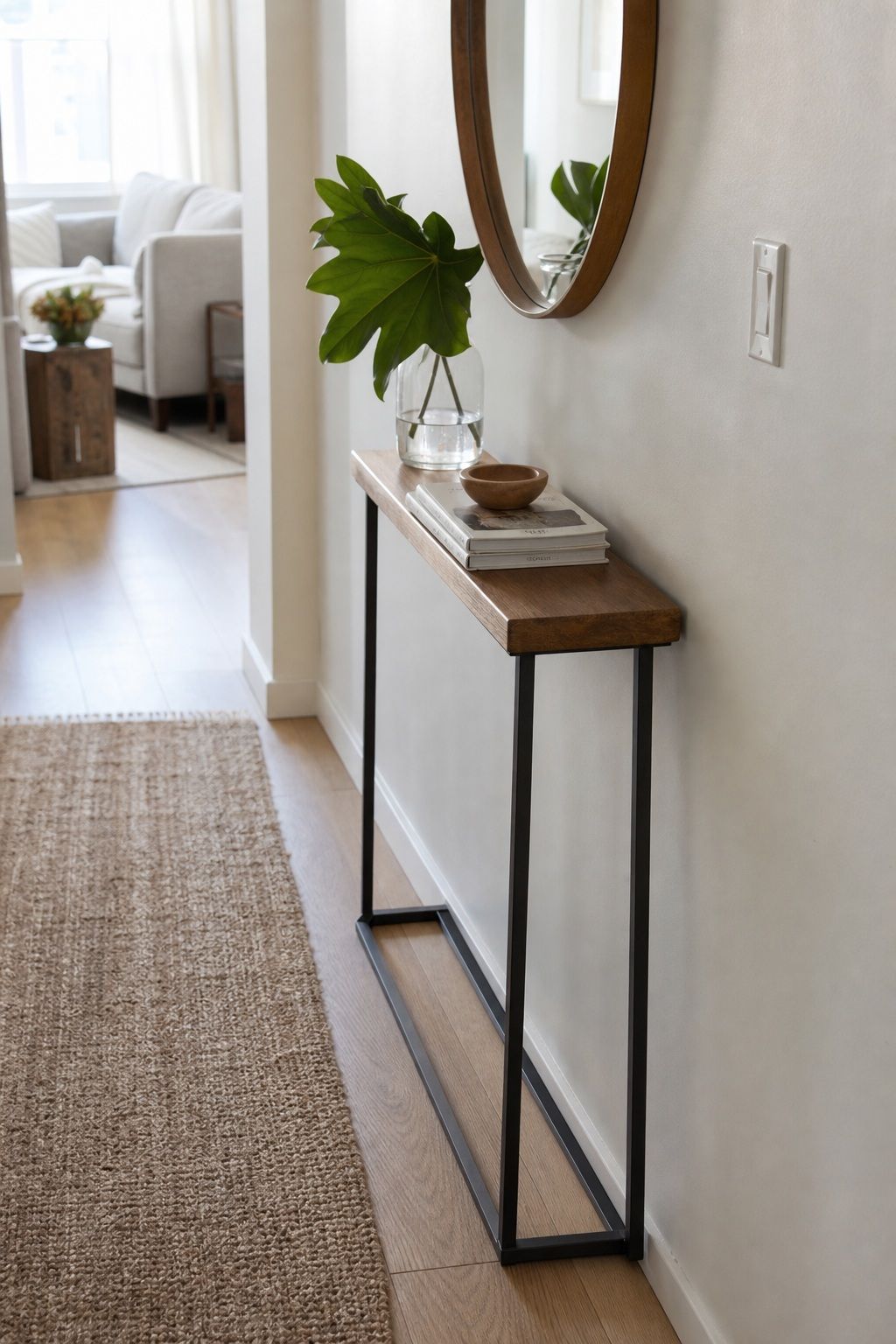 A Slim Eight-Inch-Deep Console Table small apartment idea for Top 16 Hallway Summer Decor Ideas for Small Apartments.