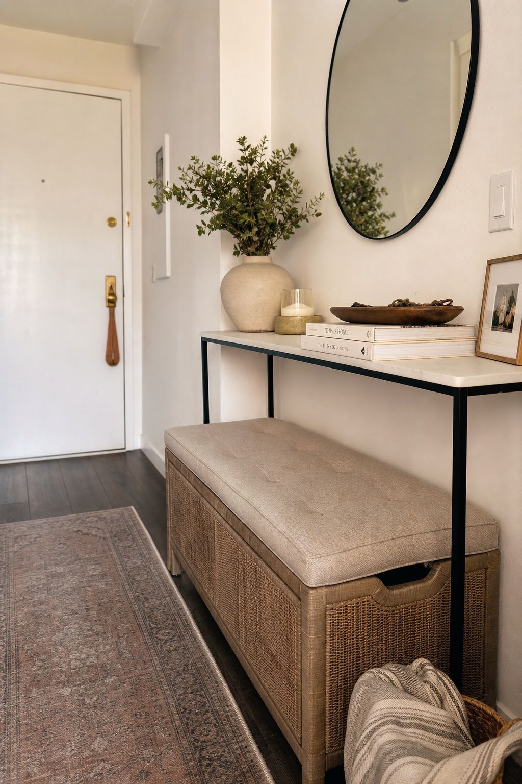 A Cushioned Storage Bench Under the Console small apartment idea for Top 16 Hallway Summer Decor Ideas for Small Apartments.