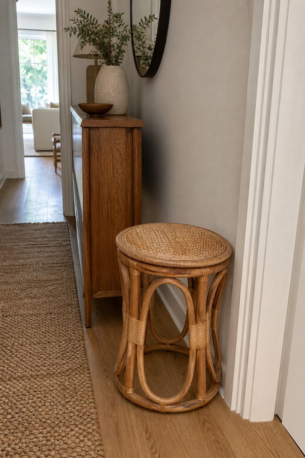 A Small Cane or Rattan Side Stool small apartment idea for Top 16 Hallway Summer Decor Ideas for Small Apartments.