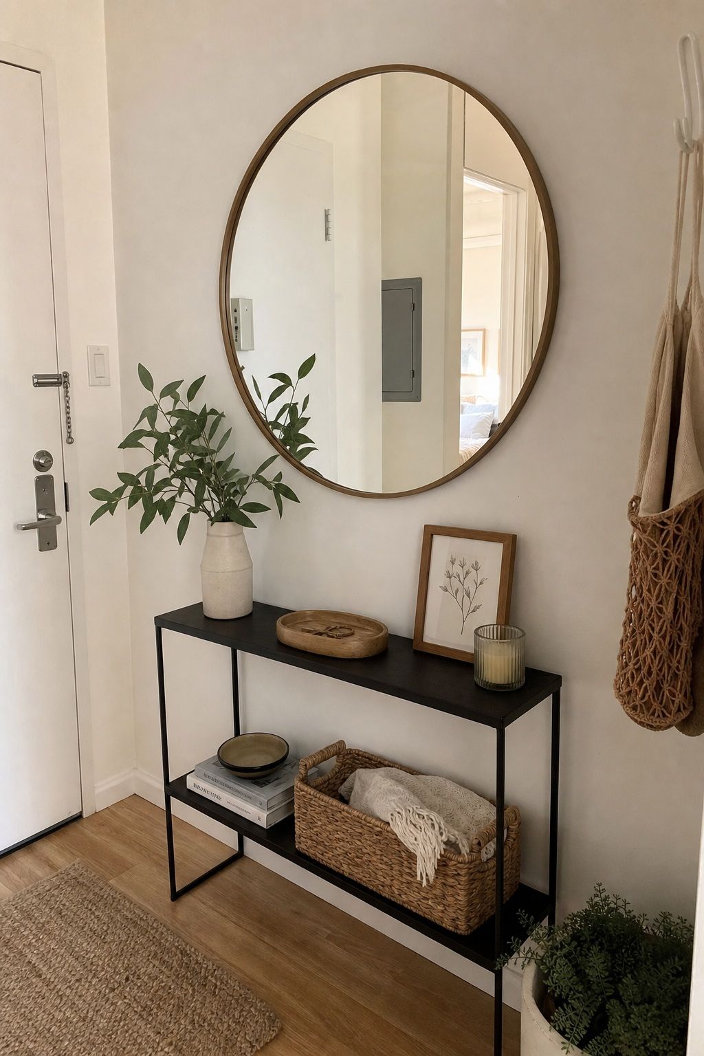 A Round Entryway Mirror Above the Console small apartment idea for Top 16 Hallway Summer Decor Ideas for Small Apartments.