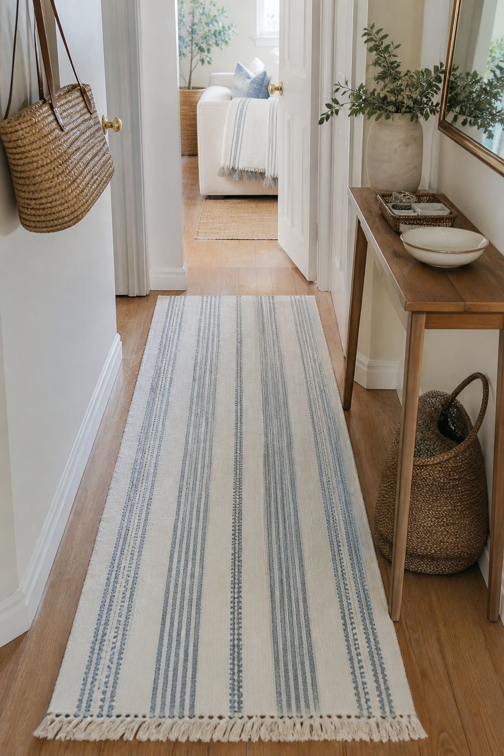 A Cotton Block-Print or Striped Runner small apartment idea for Top 16 Hallway Summer Decor Ideas for Small Apartments.