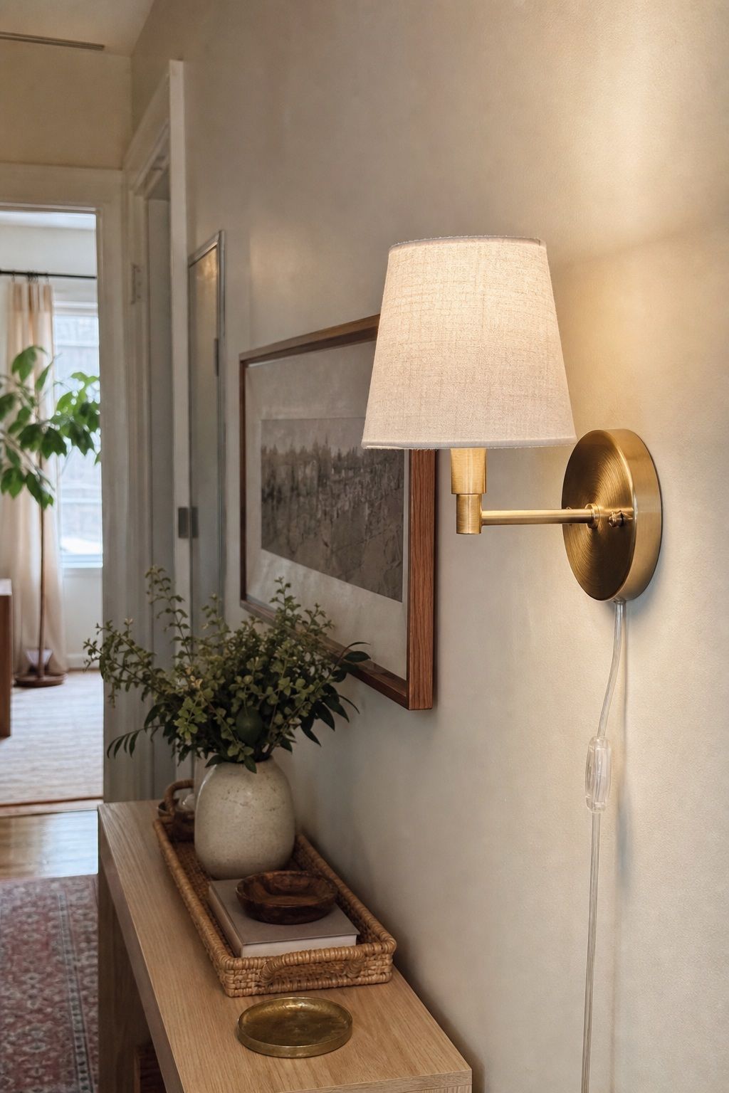 A Linen Shade Wall Sconce small apartment idea for Top 16 Hallway Summer Decor Ideas for Small Apartments.