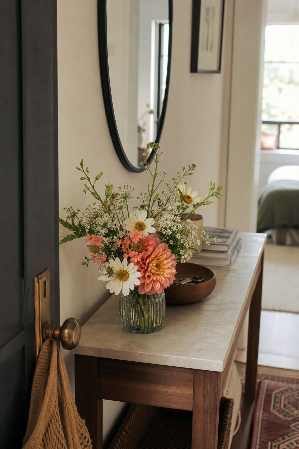 A Small Fresh Floral Arrangement on the Console small apartment idea for Top 16 Hallway Summer Decor Ideas for Small Apartments.