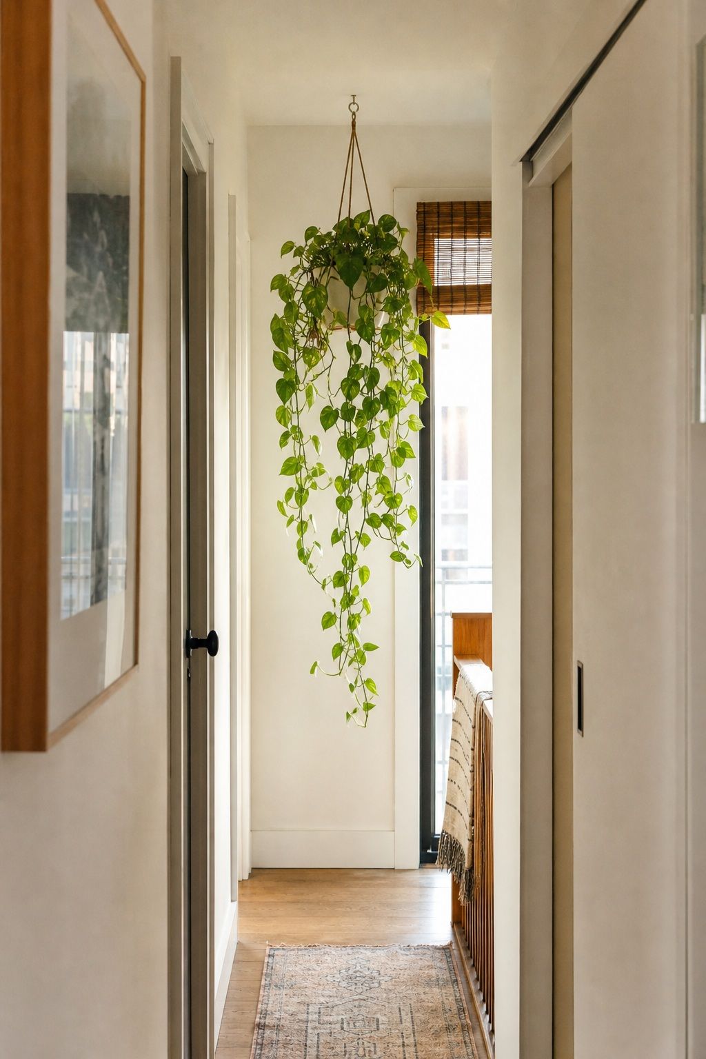 A Hanging Trailing Pothos at the End of the Hallway small apartment idea for Top 16 Hallway Summer Decor Ideas for Small Apartments.