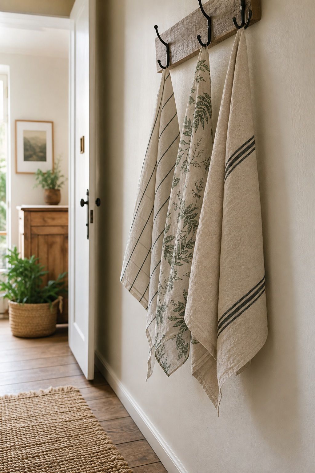 A Set of Cotton or Linen Tea Towels as Wall Hooks Accent small apartment idea for Top 16 Hallway Summer Decor Ideas for Small Apartments.