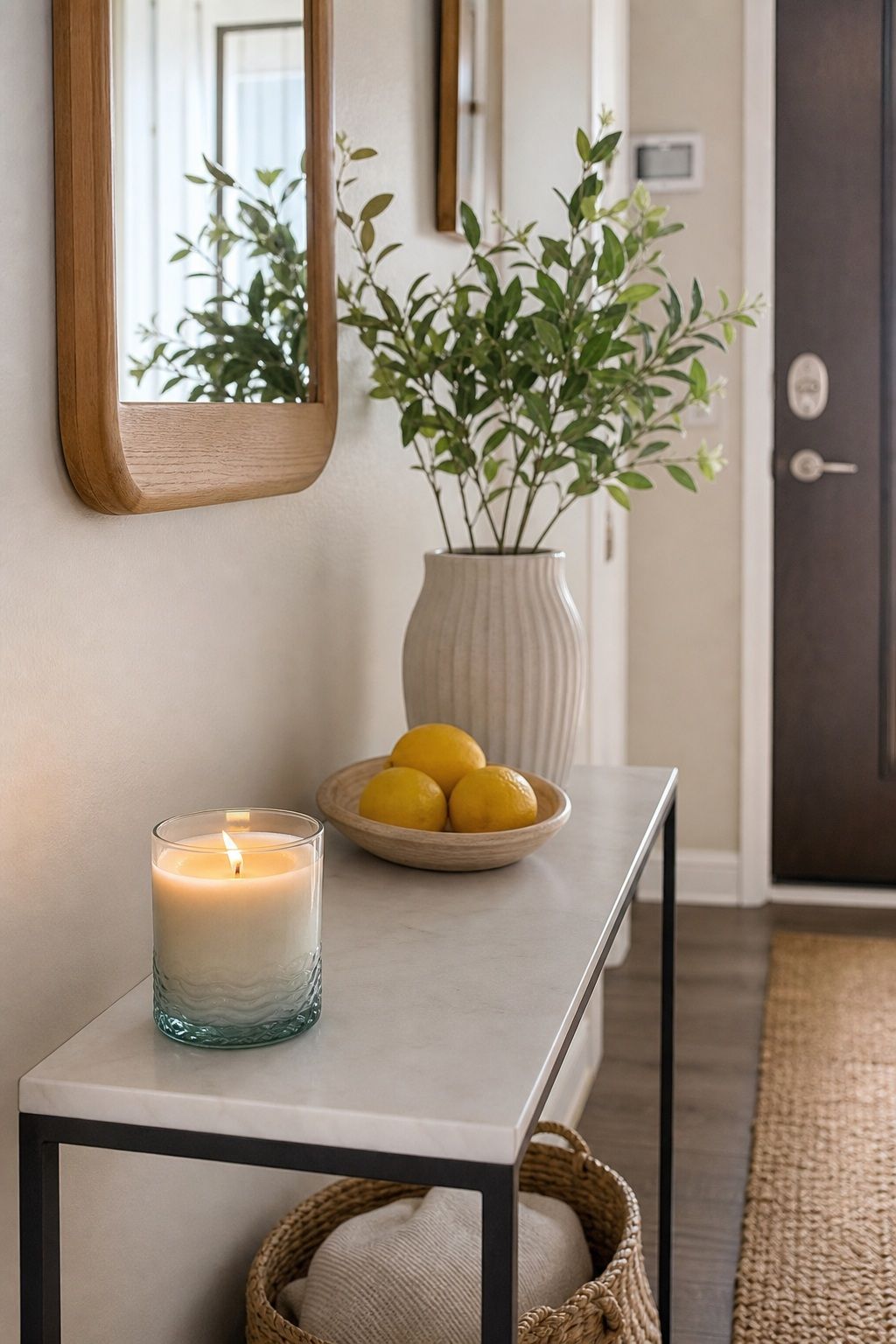 A Sea Salt or Citrus Candle on the Console small apartment idea for Top 16 Hallway Summer Decor Ideas for Small Apartments.