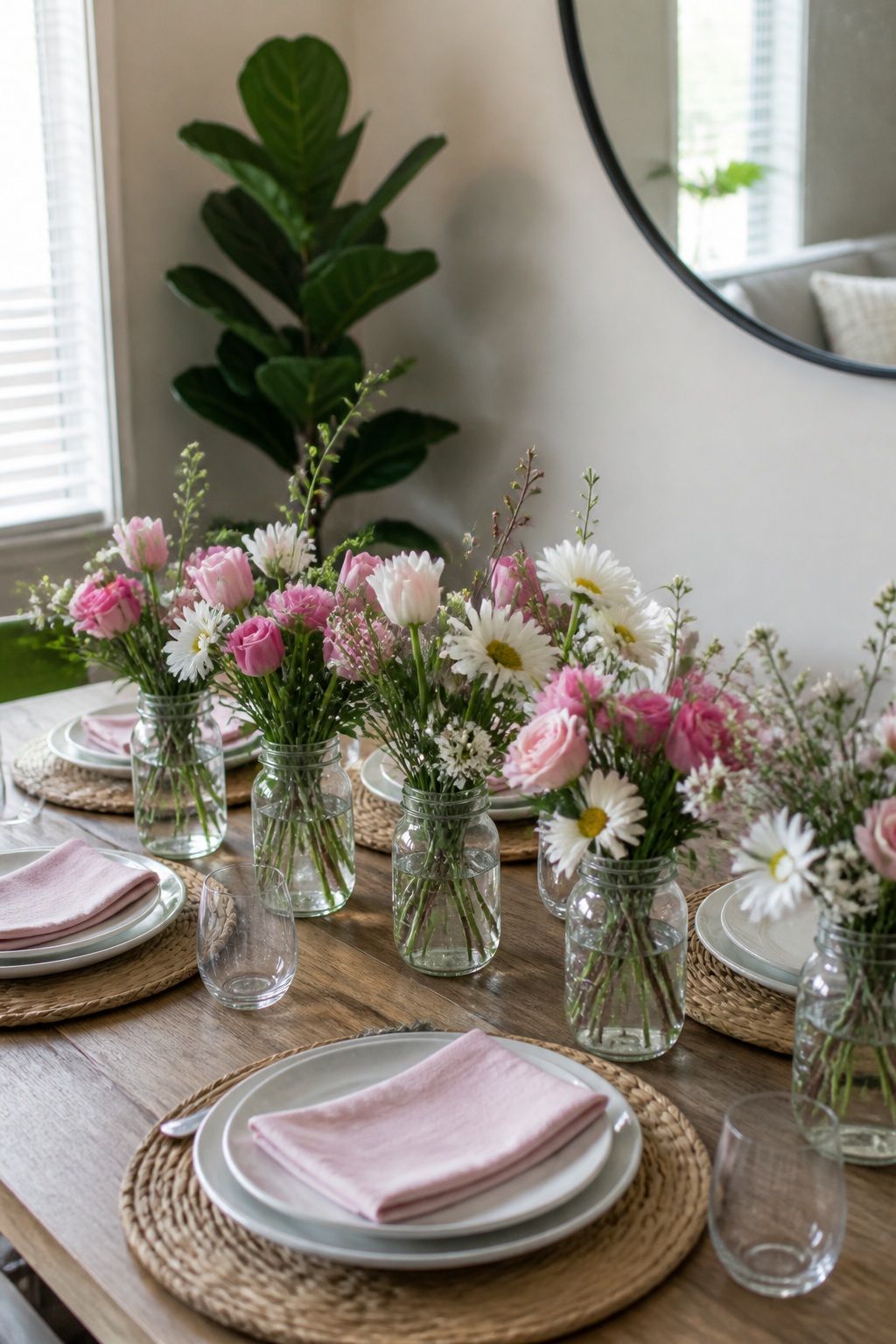 Fresh Flower Arrangement in Mason Jars small apartment idea for Top 15 Mother's Day Centerpiece Ideas for a Beautiful Brunch Table.