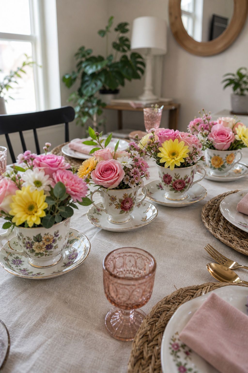 Vintage Teacup Flower Arrangement small apartment idea for Top 15 Mother's Day Centerpiece Ideas for a Beautiful Brunch Table.