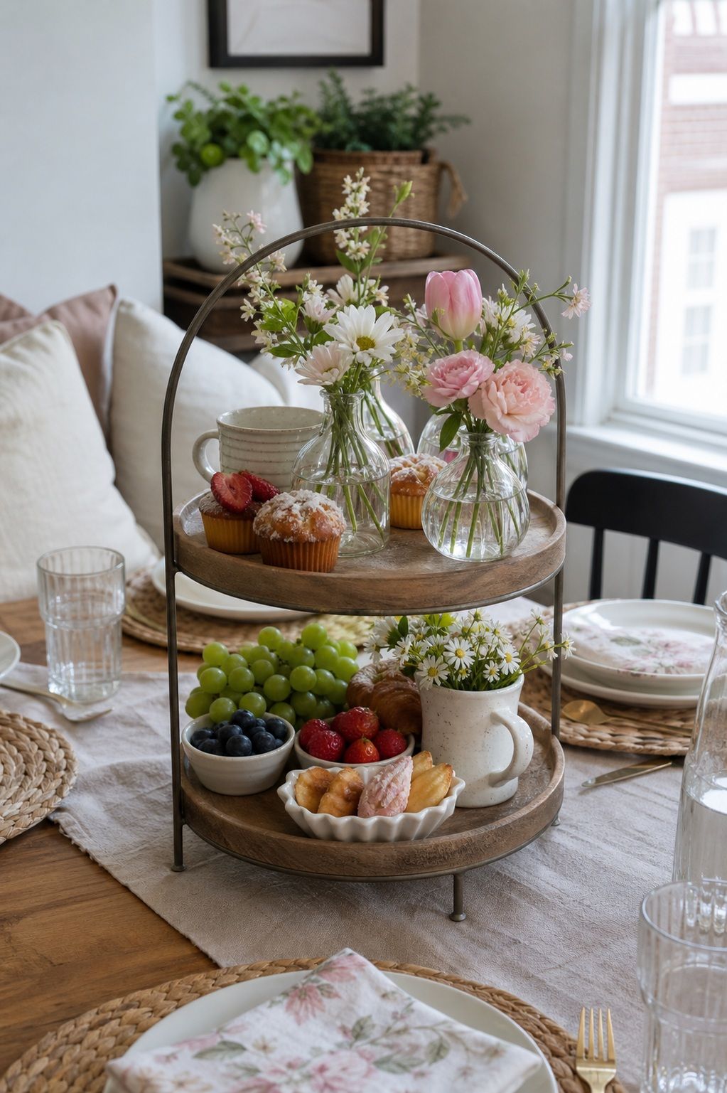 Tiered Tray Centerpiece small apartment idea for Top 15 Mother's Day Centerpiece Ideas for a Beautiful Brunch Table.