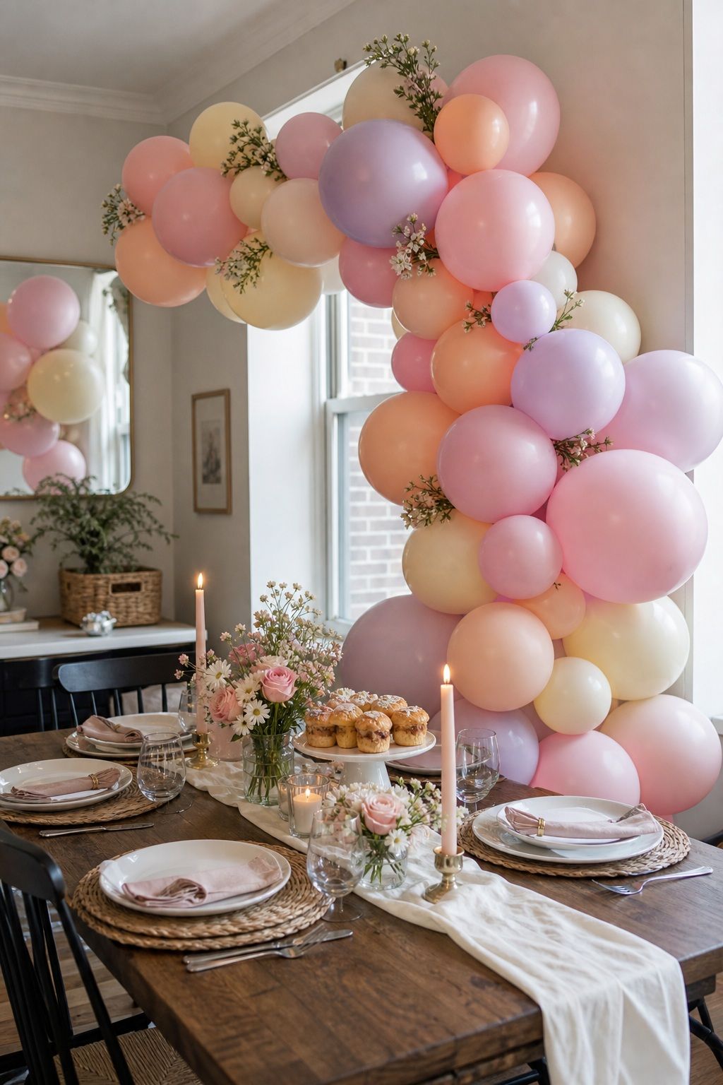 Pastel Balloon Arch or Cluster small apartment idea for Top 15 Mother's Day Centerpiece Ideas for a Beautiful Brunch Table.