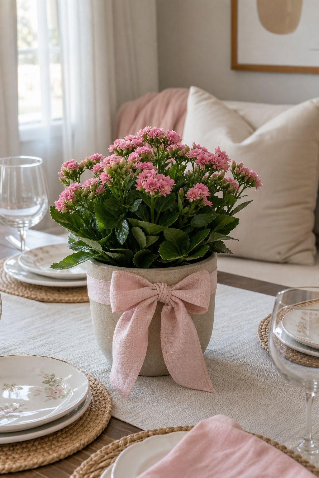 Potted Plant Centerpiece with Bow small apartment idea for Top 15 Mother's Day Centerpiece Ideas for a Beautiful Brunch Table.
