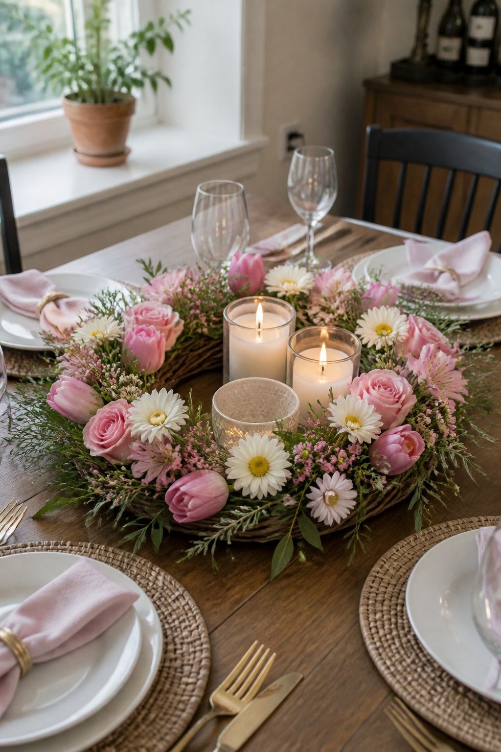 Spring Wreath Laid Flat as Table Centerpiece small apartment idea for Top 15 Mother's Day Centerpiece Ideas for a Beautiful Brunch Table.