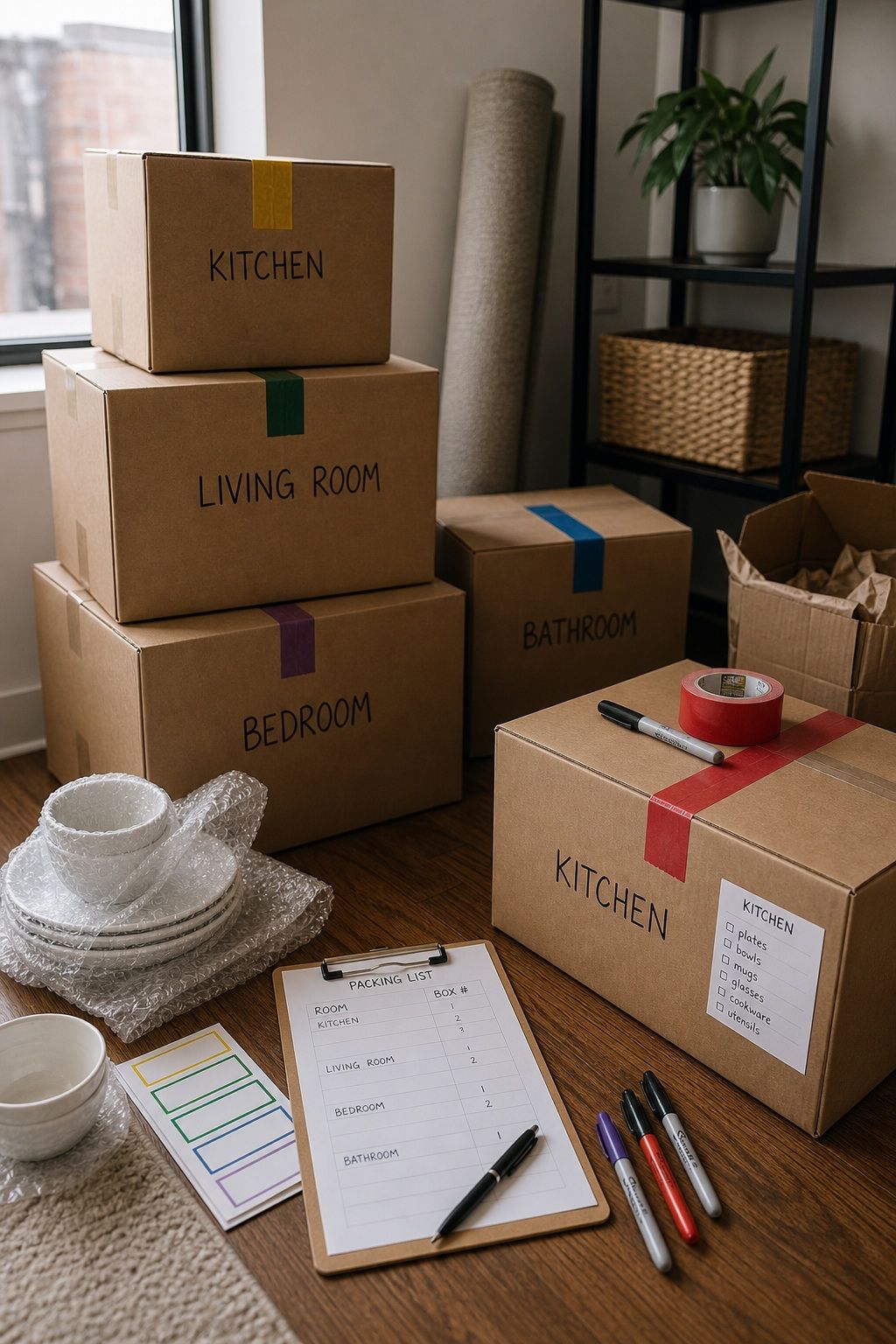 Pack Smart and Label Every Box by Room first apartment moving out checklist idea.