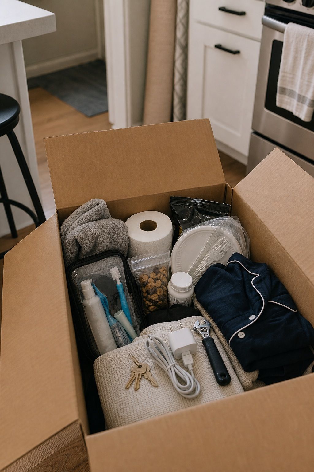 Build a 24 to 48 Hour Essentials Box first apartment moving out checklist idea.