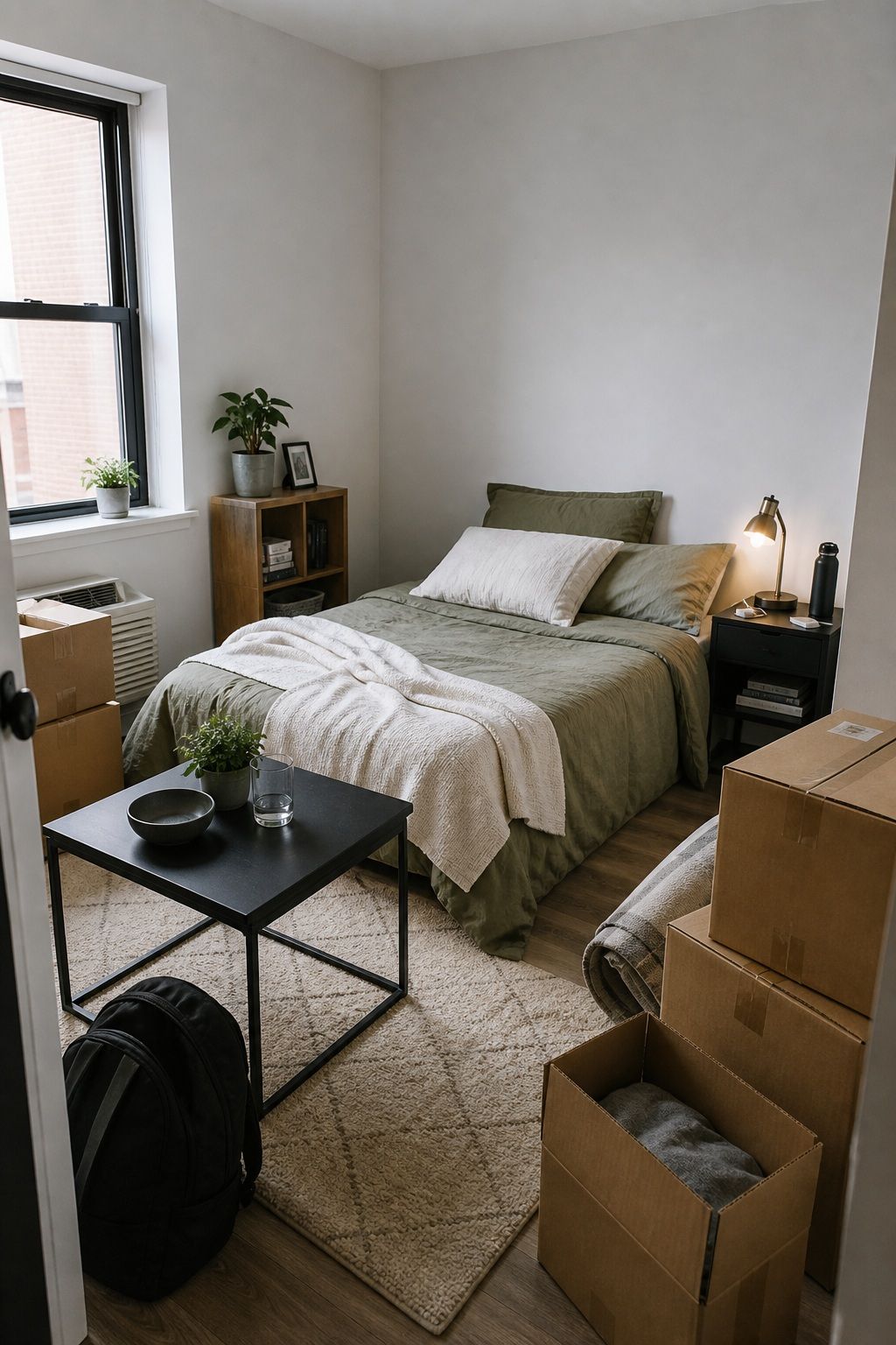 Set Up the Essentials and Get One Room Functional first apartment moving out checklist idea.