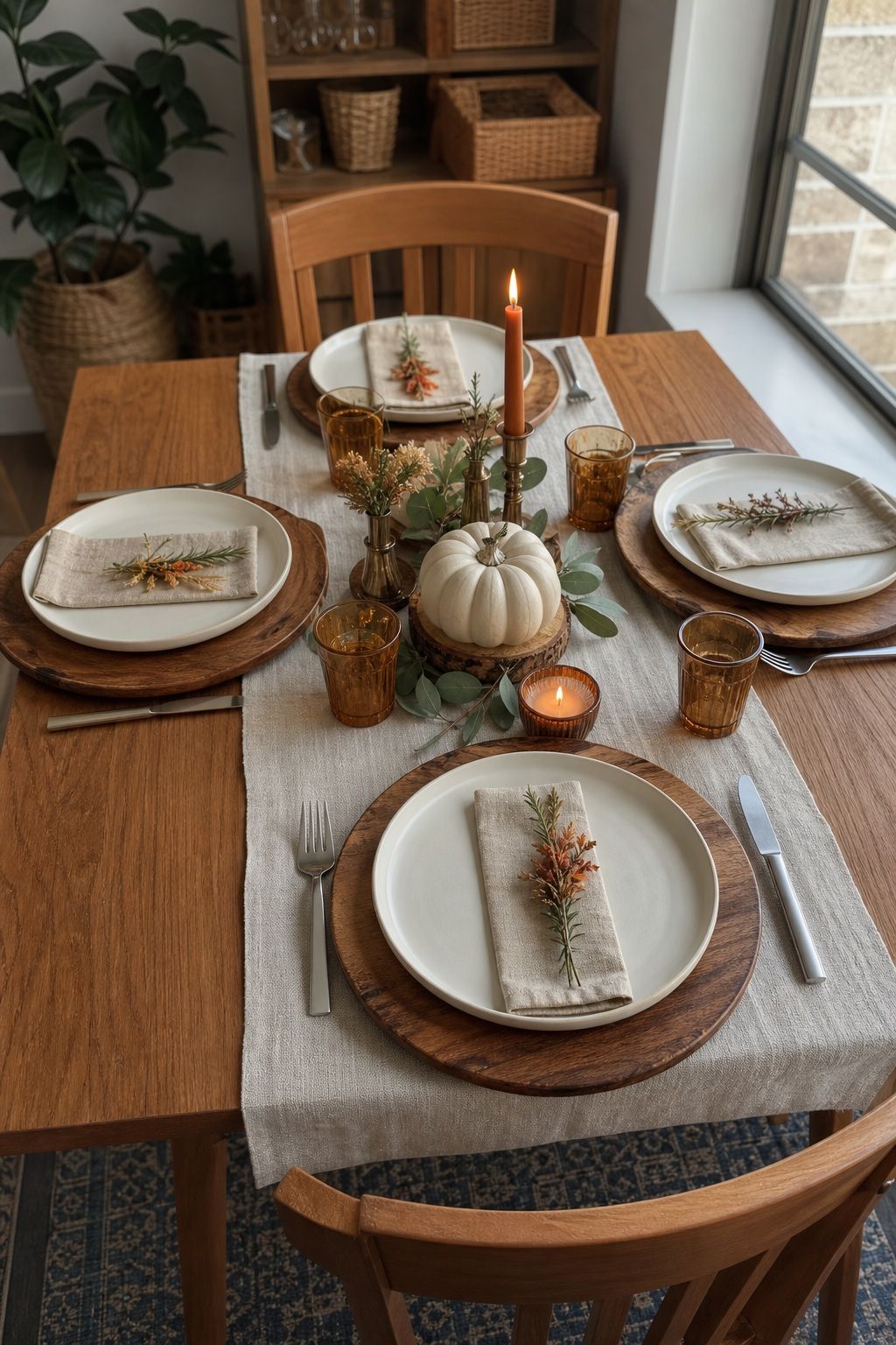 Start With a Wooden Charger at Every Place Setting small apartment idea for Top 17 Beautiful Rustic Thanksgiving Tablescapes for a Warm Family Gathering.