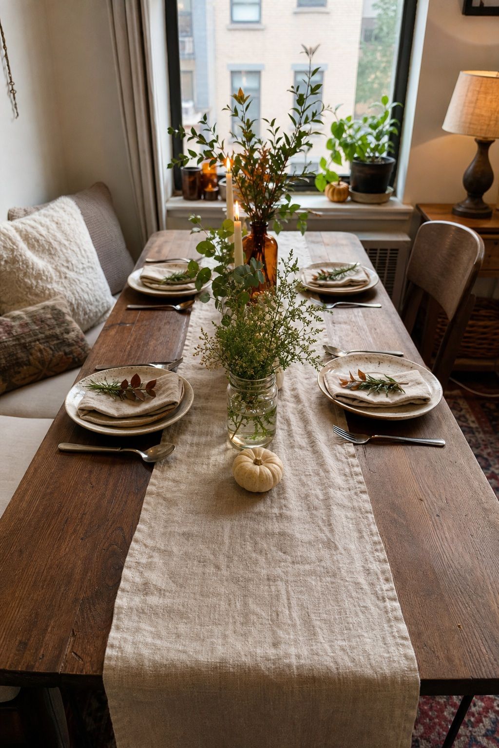 Layer a Raw Linen Runner Down the Center small apartment idea for Top 17 Beautiful Rustic Thanksgiving Tablescapes for a Warm Family Gathering.