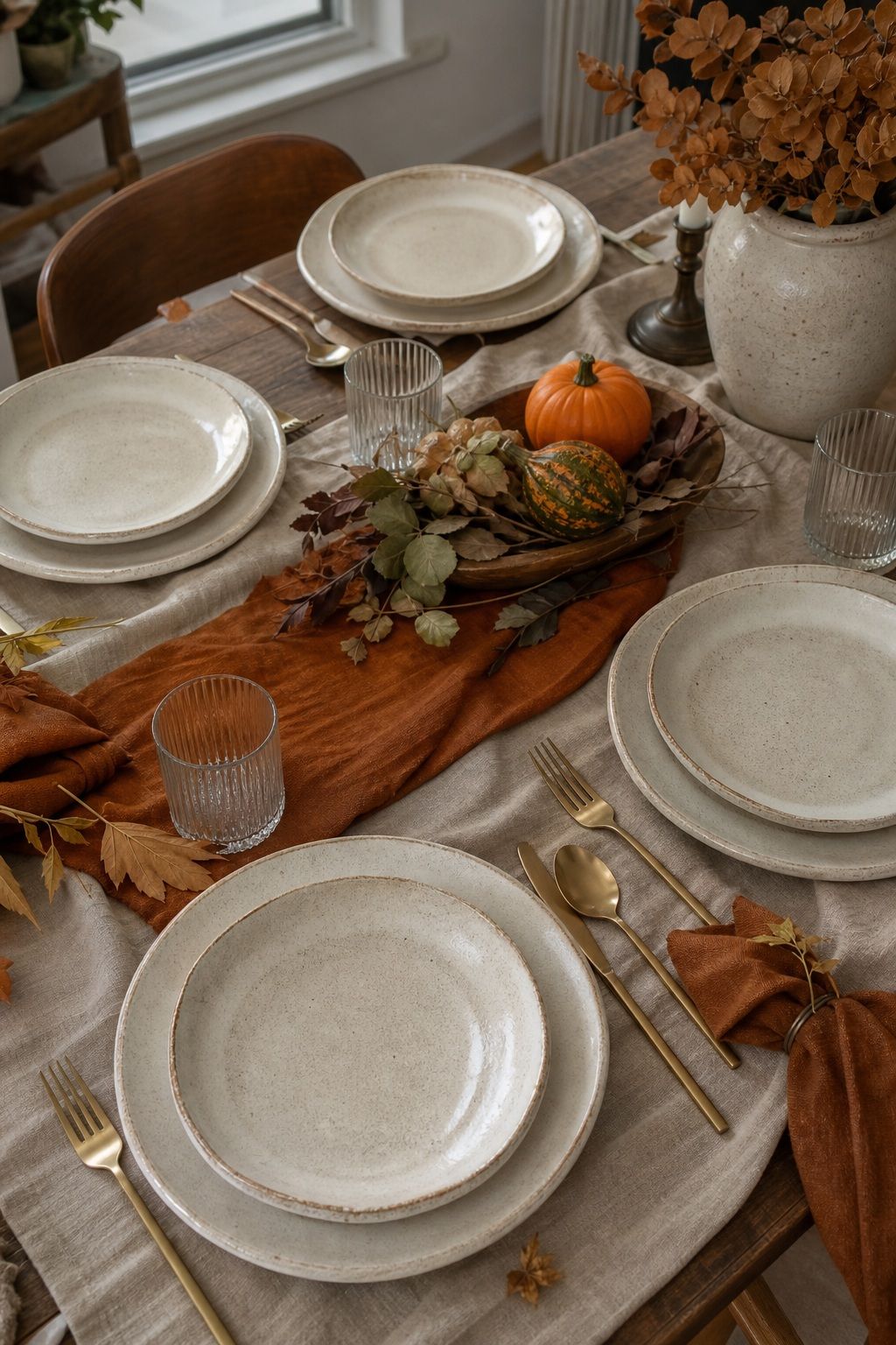Pick Cream or Stone Dinner Plates small apartment idea for Top 17 Beautiful Rustic Thanksgiving Tablescapes for a Warm Family Gathering.