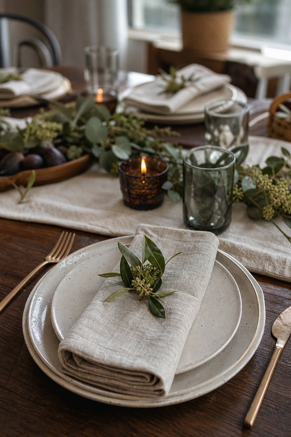 Fold Linen Napkins With a Sprig of Greenery small apartment idea for Top 17 Beautiful Rustic Thanksgiving Tablescapes for a Warm Family Gathering.