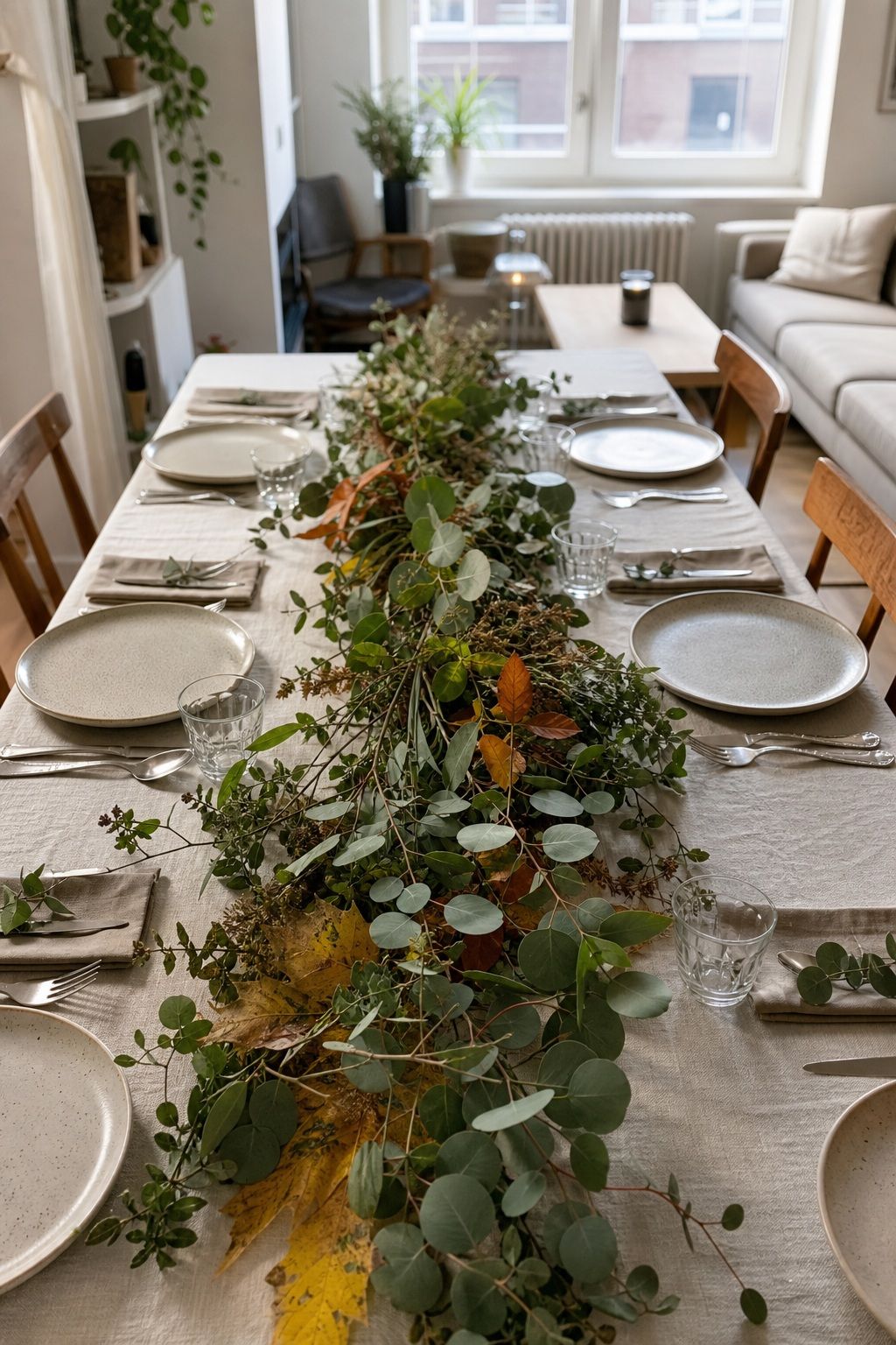 Run a Foraged Greenery Line Down the Center small apartment idea for Top 17 Beautiful Rustic Thanksgiving Tablescapes for a Warm Family Gathering.