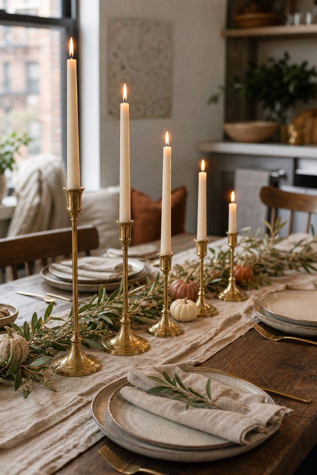 Add Three to Five Brass Taper Candles in Graduated Heights small apartment idea for Top 17 Beautiful Rustic Thanksgiving Tablescapes for a Warm Family Gathering.