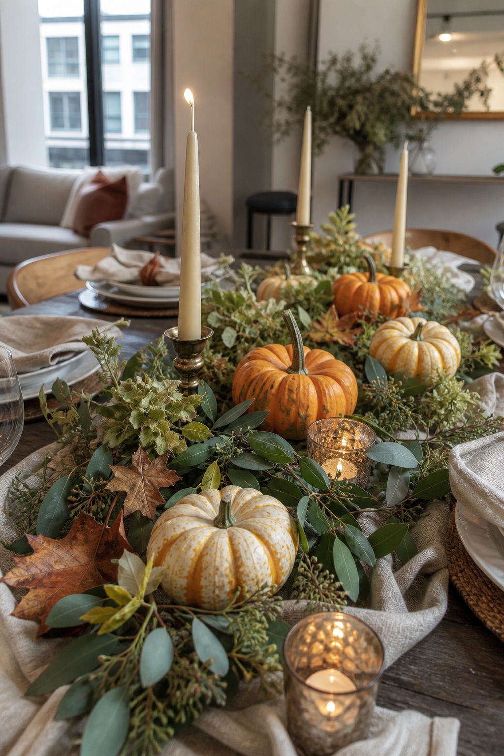 Tuck Mini Pumpkins Throughout the Centerpiece small apartment idea for Top 17 Beautiful Rustic Thanksgiving Tablescapes for a Warm Family Gathering.