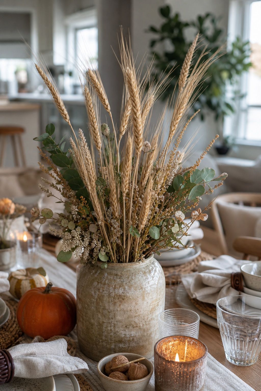 Layer Dried Wheat Stems for Vertical Texture small apartment idea for Top 17 Beautiful Rustic Thanksgiving Tablescapes for a Warm Family Gathering.