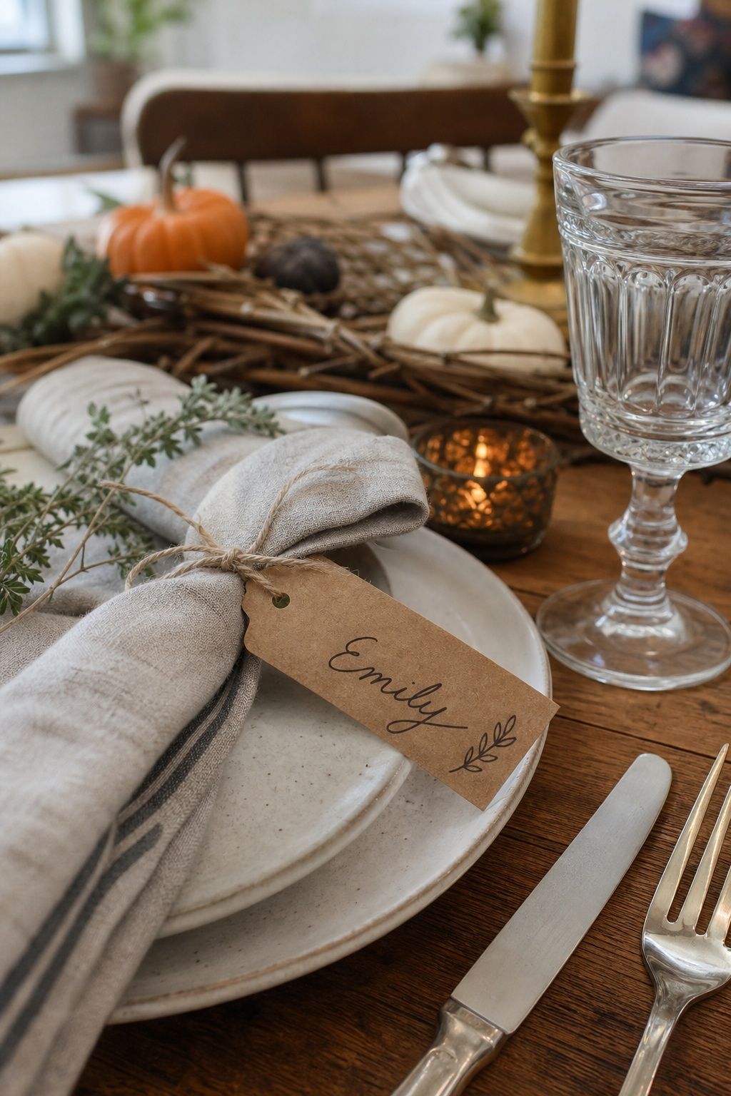 Hand-Write Place Cards on Kraft Paper Tags small apartment idea for Top 17 Beautiful Rustic Thanksgiving Tablescapes for a Warm Family Gathering.