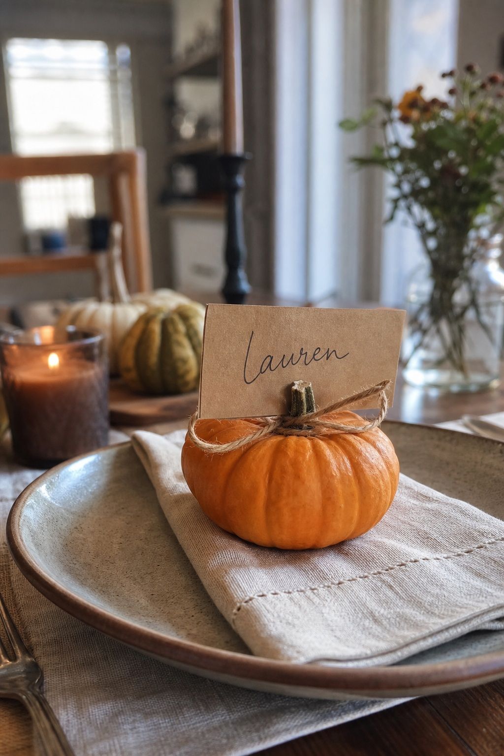 Use a Mini Pumpkin as a Place Card Holder small apartment idea for Top 17 Beautiful Rustic Thanksgiving Tablescapes for a Warm Family Gathering.