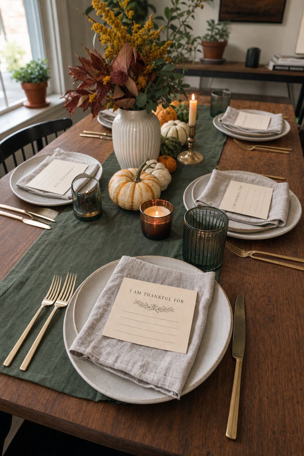Add a Gratitude Card at Each Setting small apartment idea for Top 17 Beautiful Rustic Thanksgiving Tablescapes for a Warm Family Gathering.