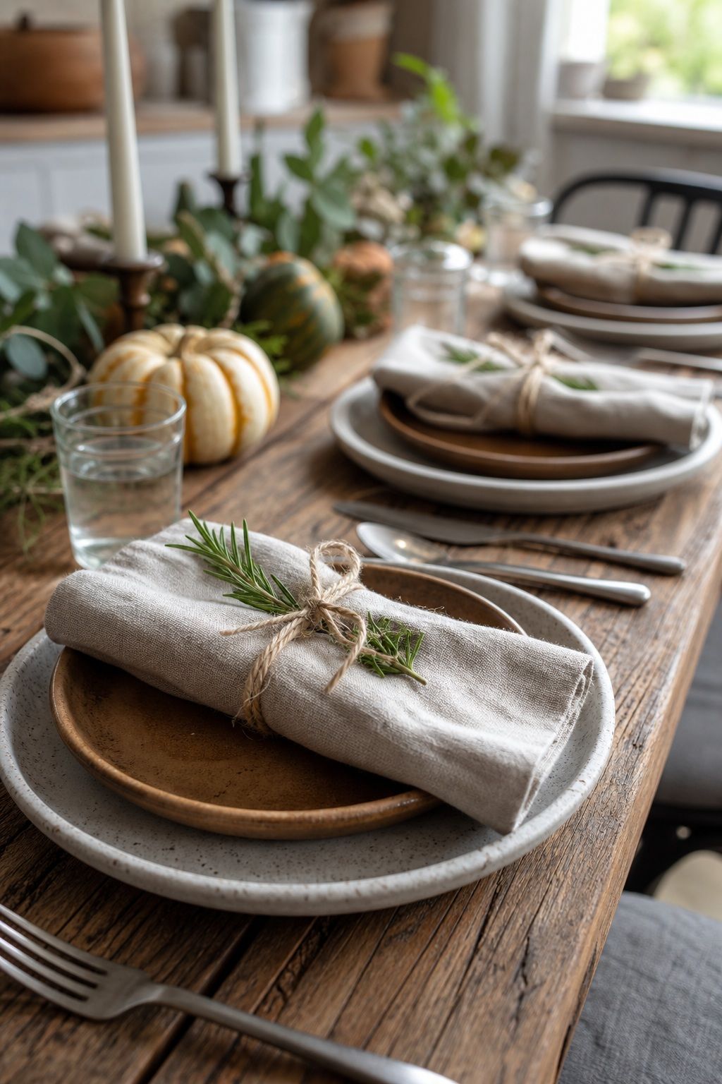 Tie Each Napkin With Twine and a Single Sprig small apartment idea for Top 17 Beautiful Rustic Thanksgiving Tablescapes for a Warm Family Gathering.