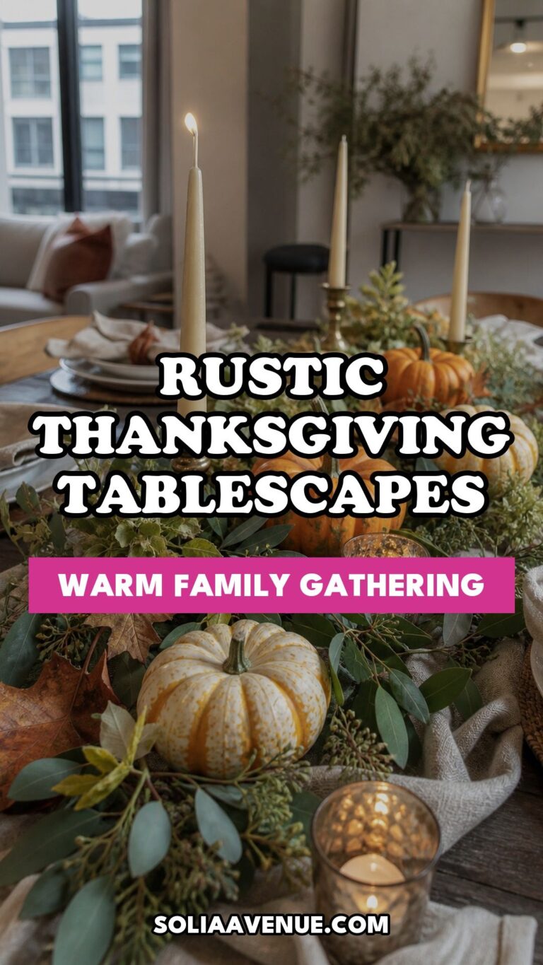 Pinterest pin for Top 17 Beautiful Rustic Thanksgiving Tablescapes for a Warm Family Gathering from Solia Avenue.