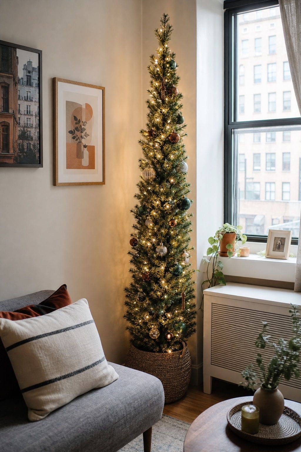 Choose a 6-Foot Pencil Tree for the Living Room Corner small apartment idea for Top 17 Small Apartment Christmas Tree Ideas When You Have No Floor Space.