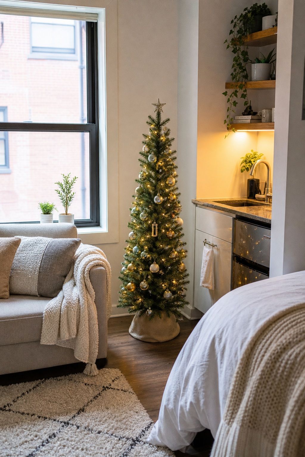 Pick a 4-Foot Slim Tree for a Studio Apartment small apartment idea for Top 17 Small Apartment Christmas Tree Ideas When You Have No Floor Space.