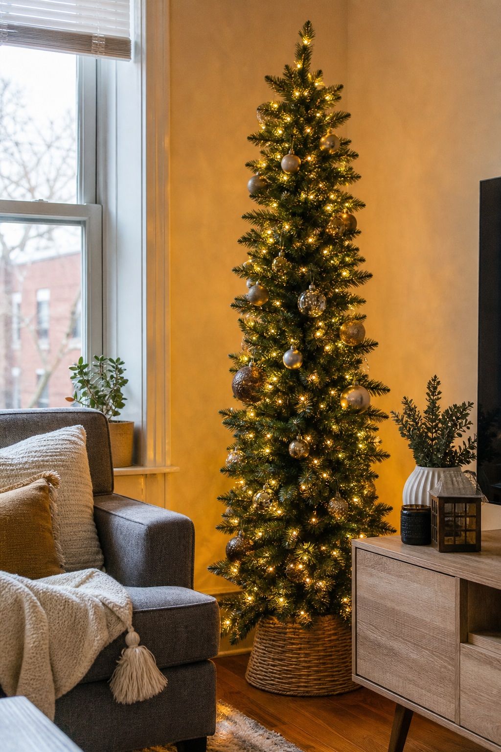 Try an Artificial Pre-Lit Slim Tree to Skip the String Light Step small apartment idea for Top 17 Small Apartment Christmas Tree Ideas When You Have No Floor Space.