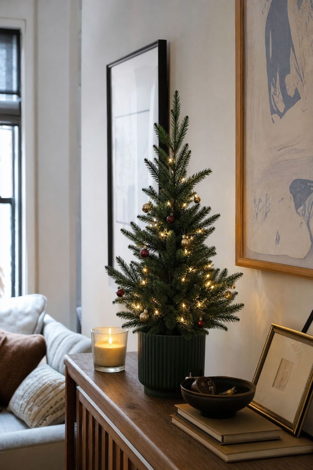 Place a 2-Foot Mini Tree on the Sideboard small apartment idea for Top 17 Small Apartment Christmas Tree Ideas When You Have No Floor Space.