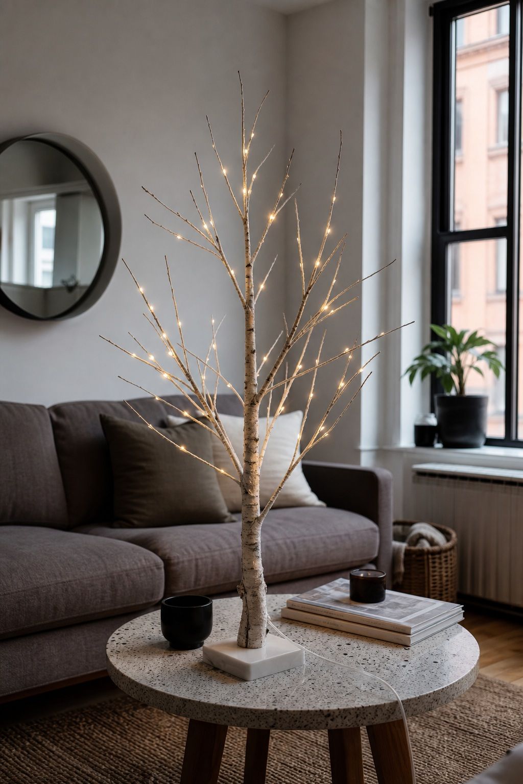 Use a Lighted Birch Branch Tree on the Coffee Table small apartment idea for Top 17 Small Apartment Christmas Tree Ideas When You Have No Floor Space.