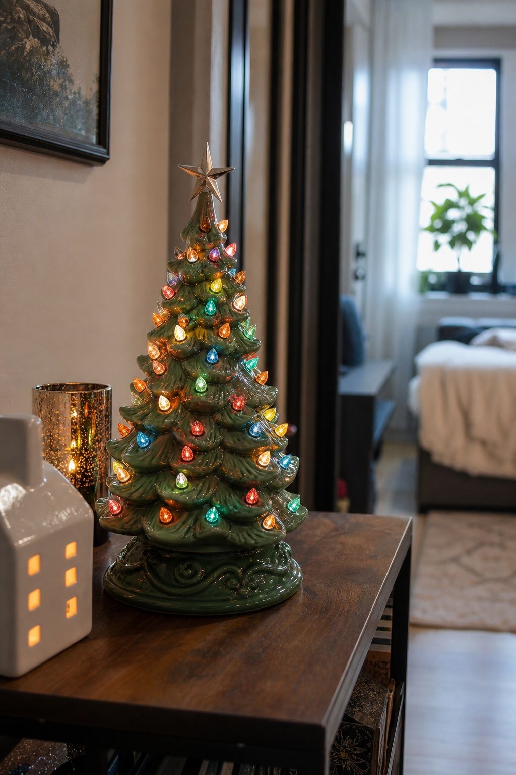 Try a Ceramic Mini Tree With Built-In Lights small apartment idea for Top 17 Small Apartment Christmas Tree Ideas When You Have No Floor Space.