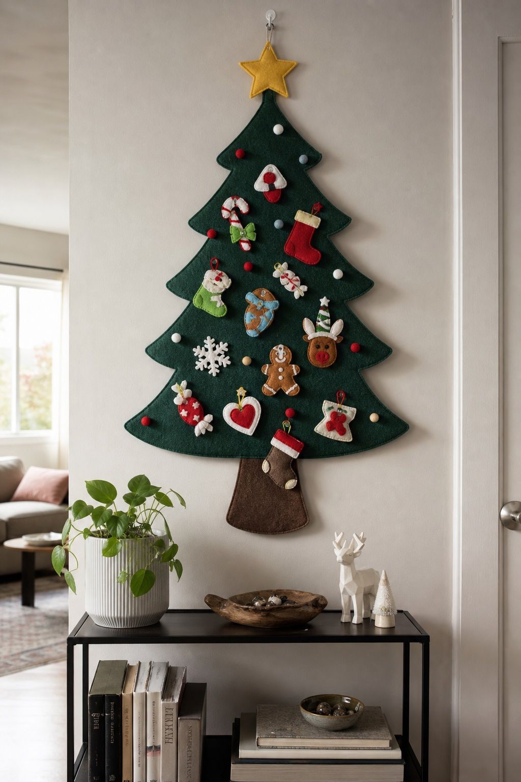 Hang a Wall hanging Tree With Ornaments Pinned to It small apartment idea for Top 17 Small Apartment Christmas Tree Ideas When You Have No Floor Space.