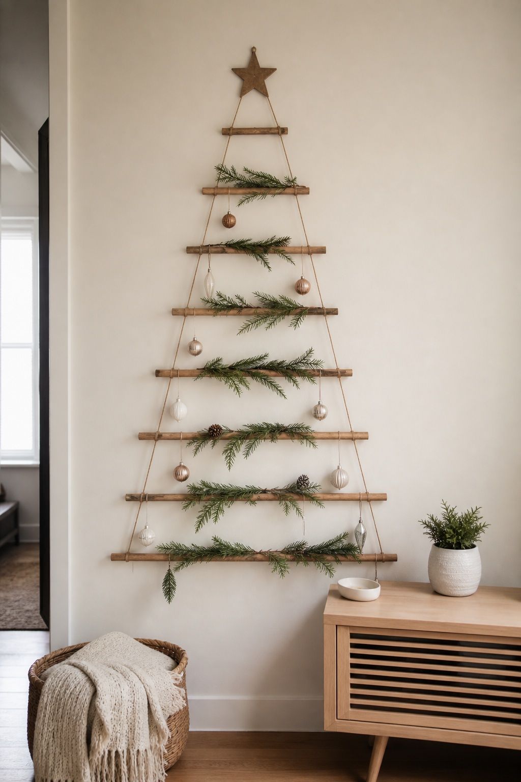 Build a Wood Dowel Wall Tree on a Bare Wall small apartment idea for Top 17 Small Apartment Christmas Tree Ideas When You Have No Floor Space.