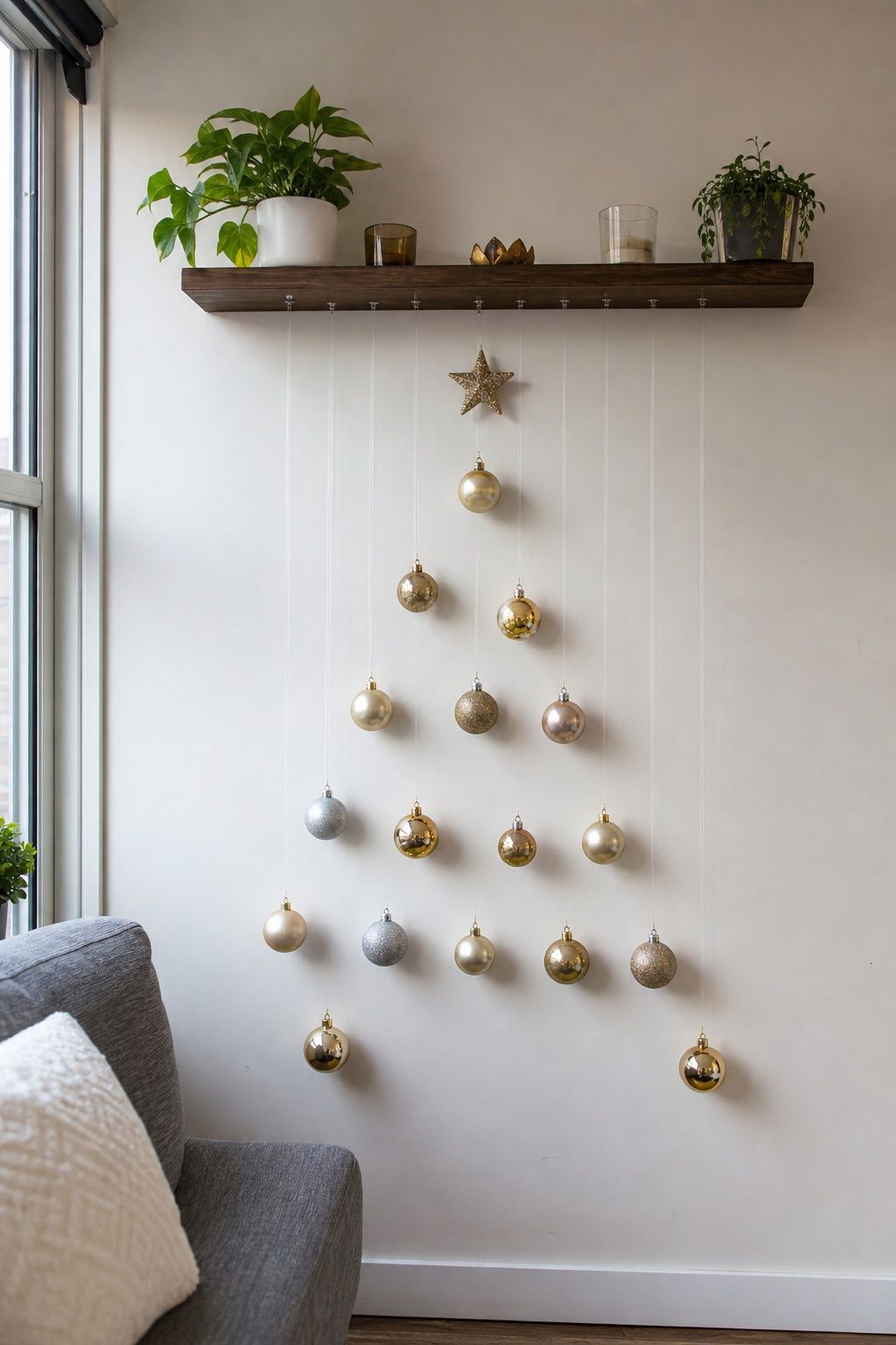 Hang Ornaments From a Floating Shelf in a Tree Outline small apartment idea for Top 17 Small Apartment Christmas Tree Ideas When You Have No Floor Space.